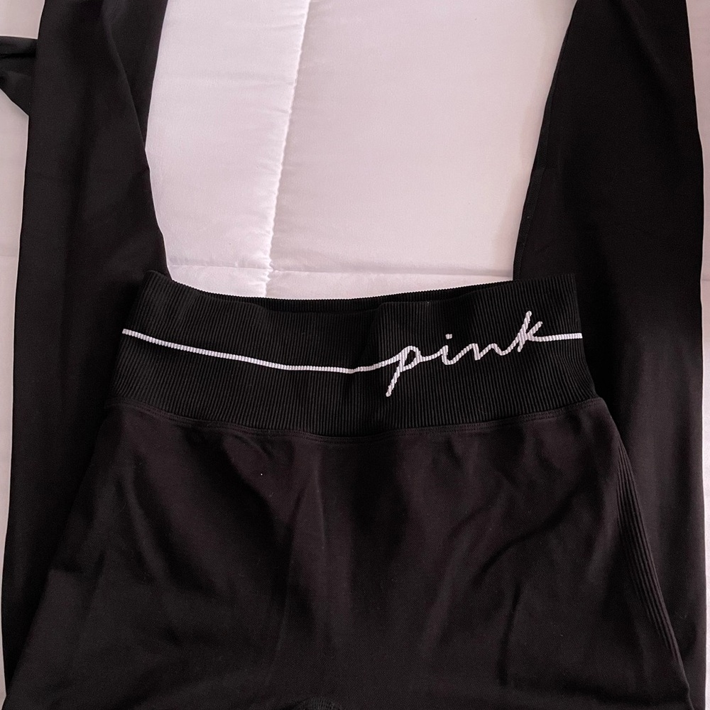 Black Leggings with Pink Logo
